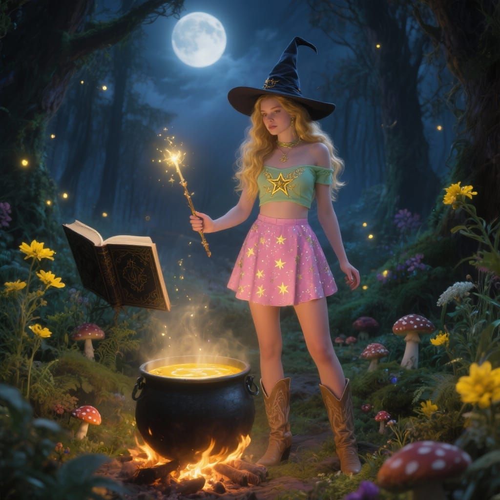 Elegant Witch in Enchanted Forest with Magic Cauldron