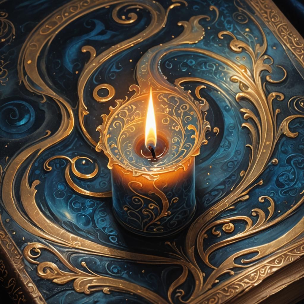 Glowing Candle on Book, Whimsical Fantasy Art