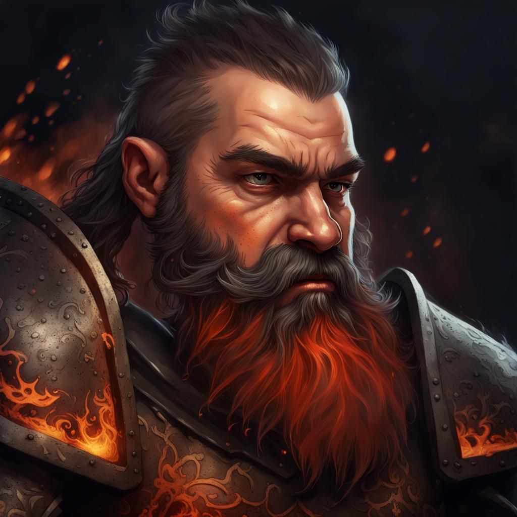 Dwarven Knight with Fiery Warhammer, Fantasy Art