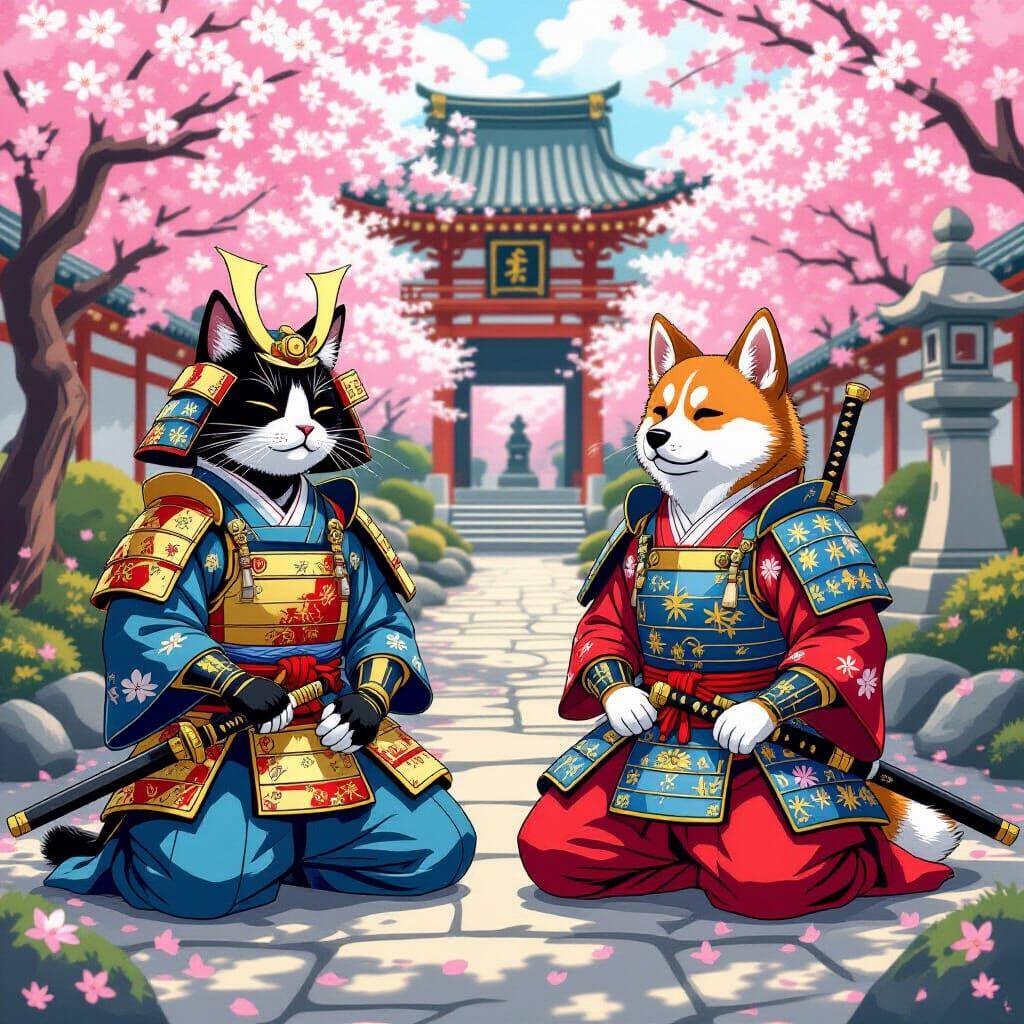 Cat and Dog Samurai Warriors in Cherry Garden