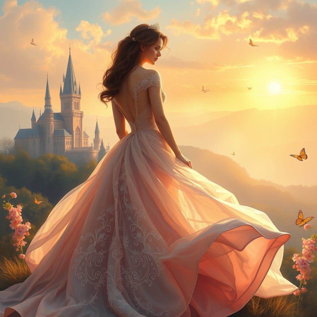 Majestic Princess in Dreamy, Impressionistic Castle Setting