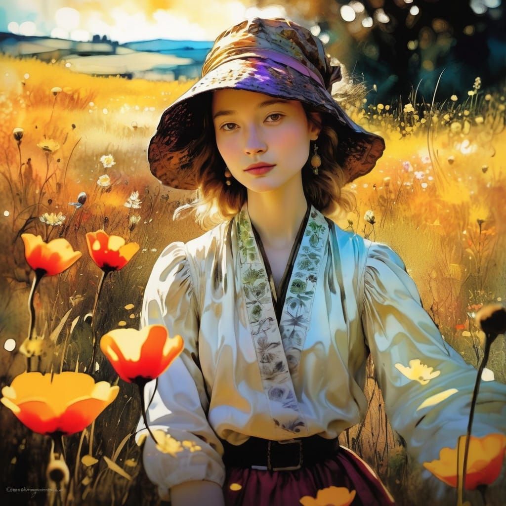 Woman in Field: A Nostalgic Impasto Painting