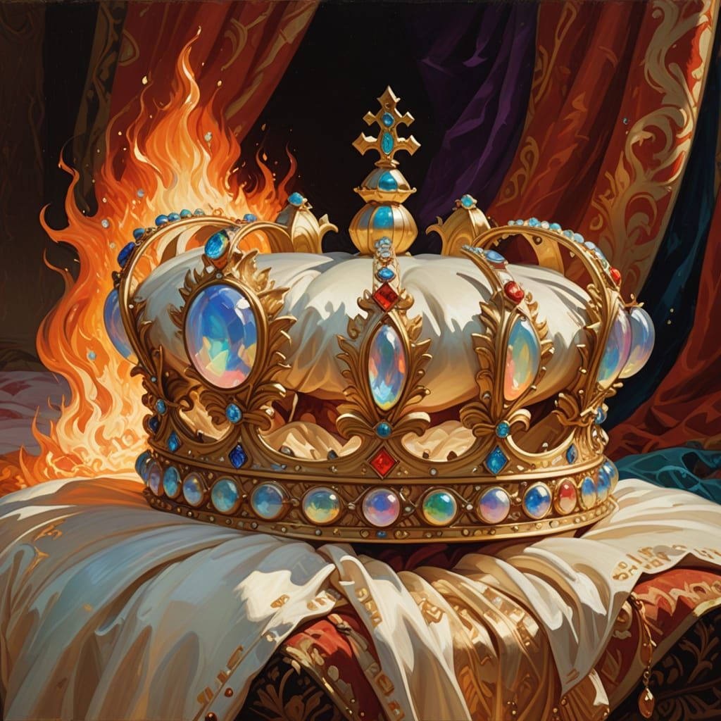 Iridescent Fire Crown with Opals, Regal Oil Painting