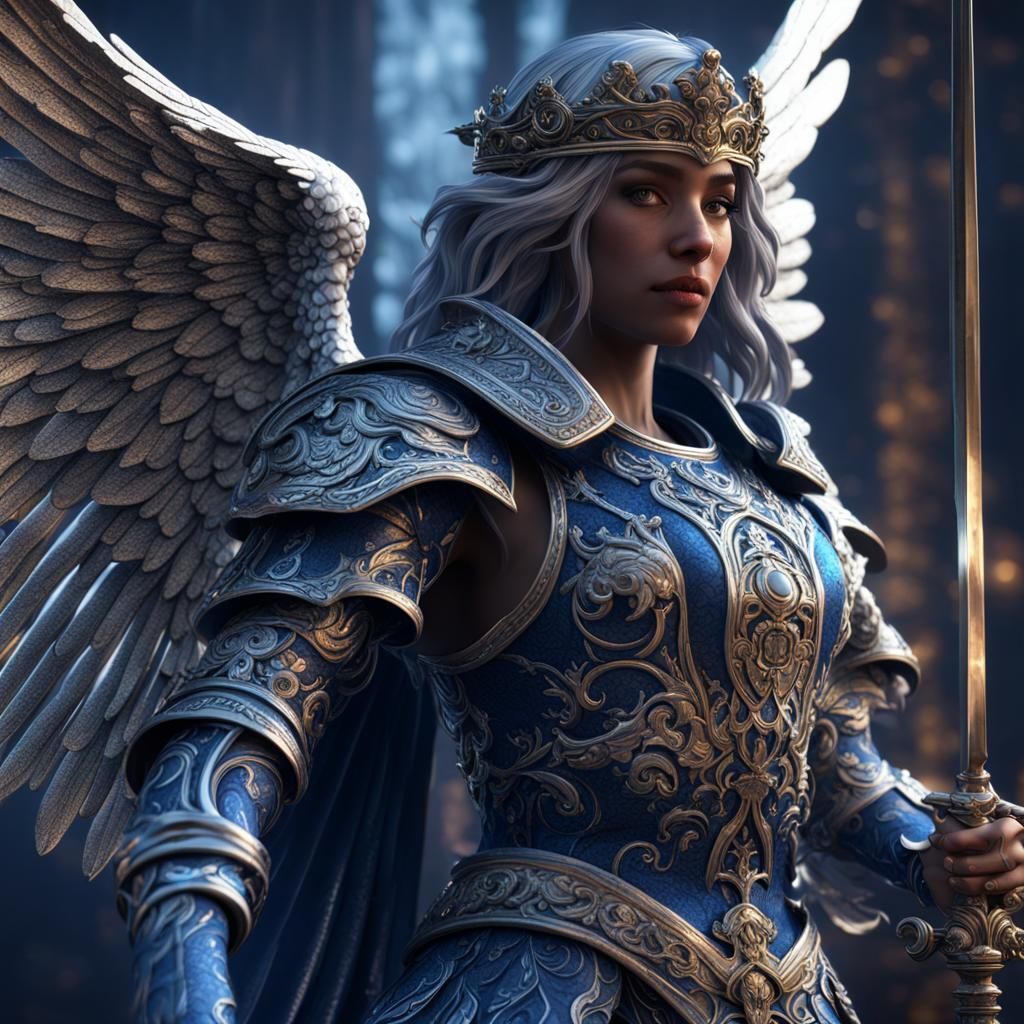 Cubist Shimmering Angel with Sword, Detailed Digital Art