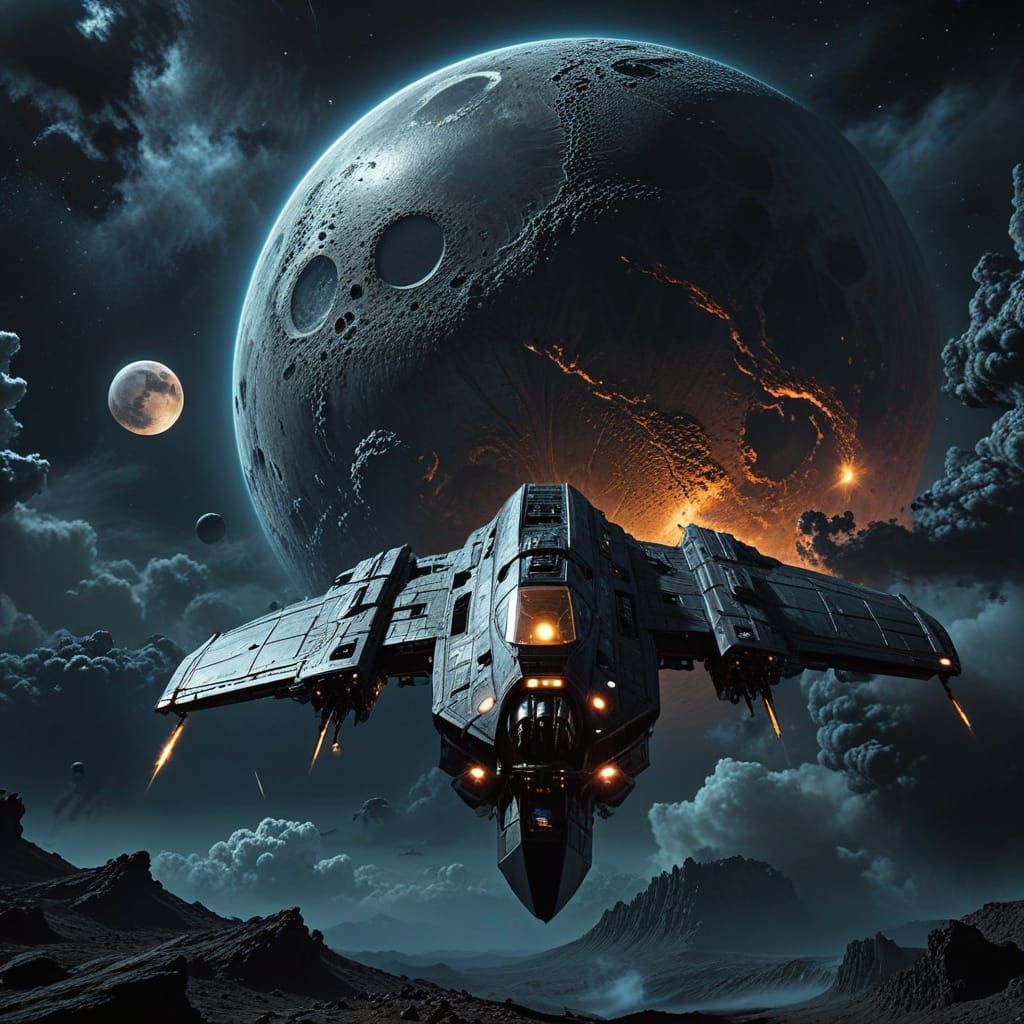 Dark Sci-Fi Flying Object with Huge Moon