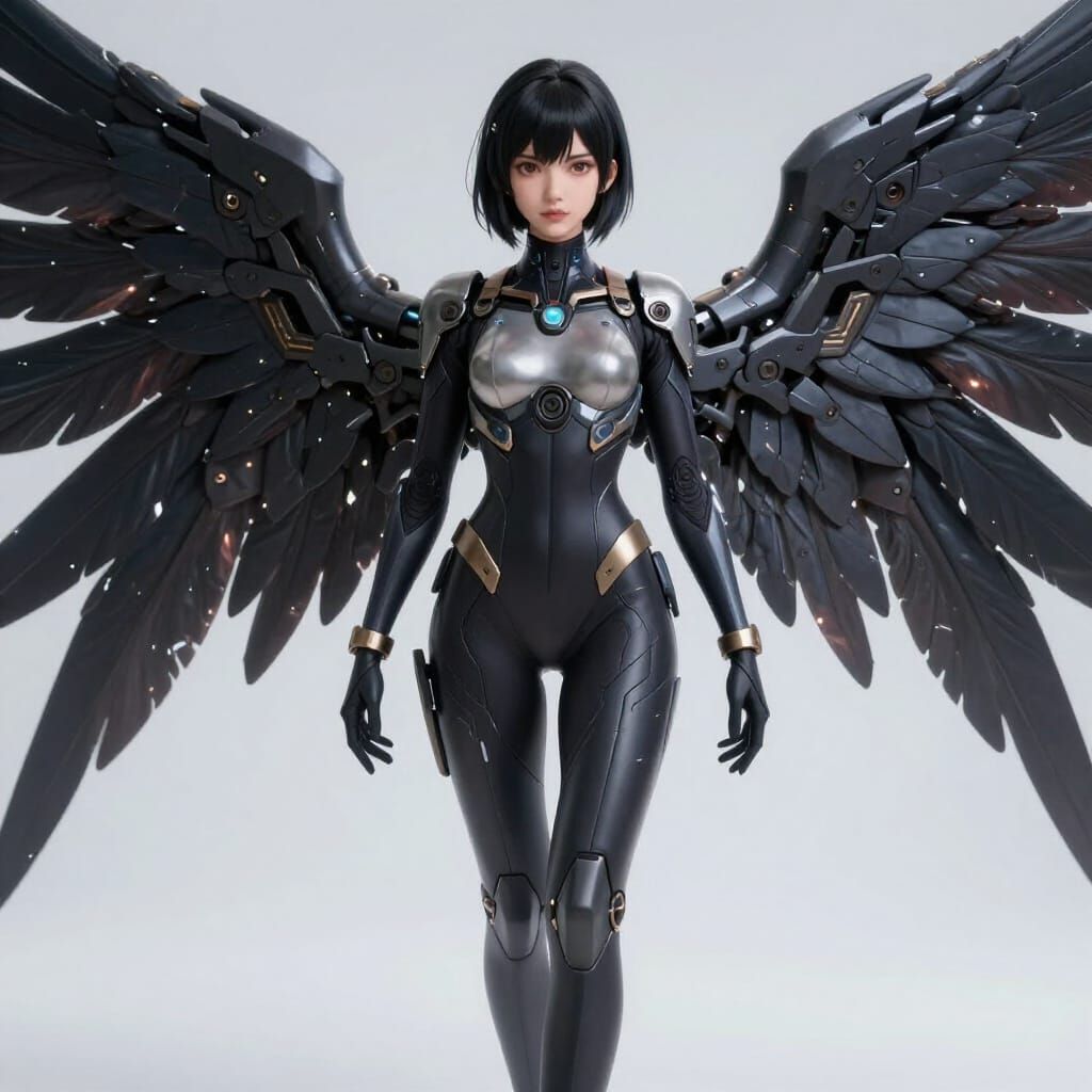 Cyber Dark Angel Woman in Futuristic Bodysuit