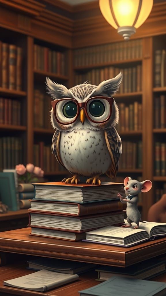 Cozy Owl Librarian and Mouse in Warm Library