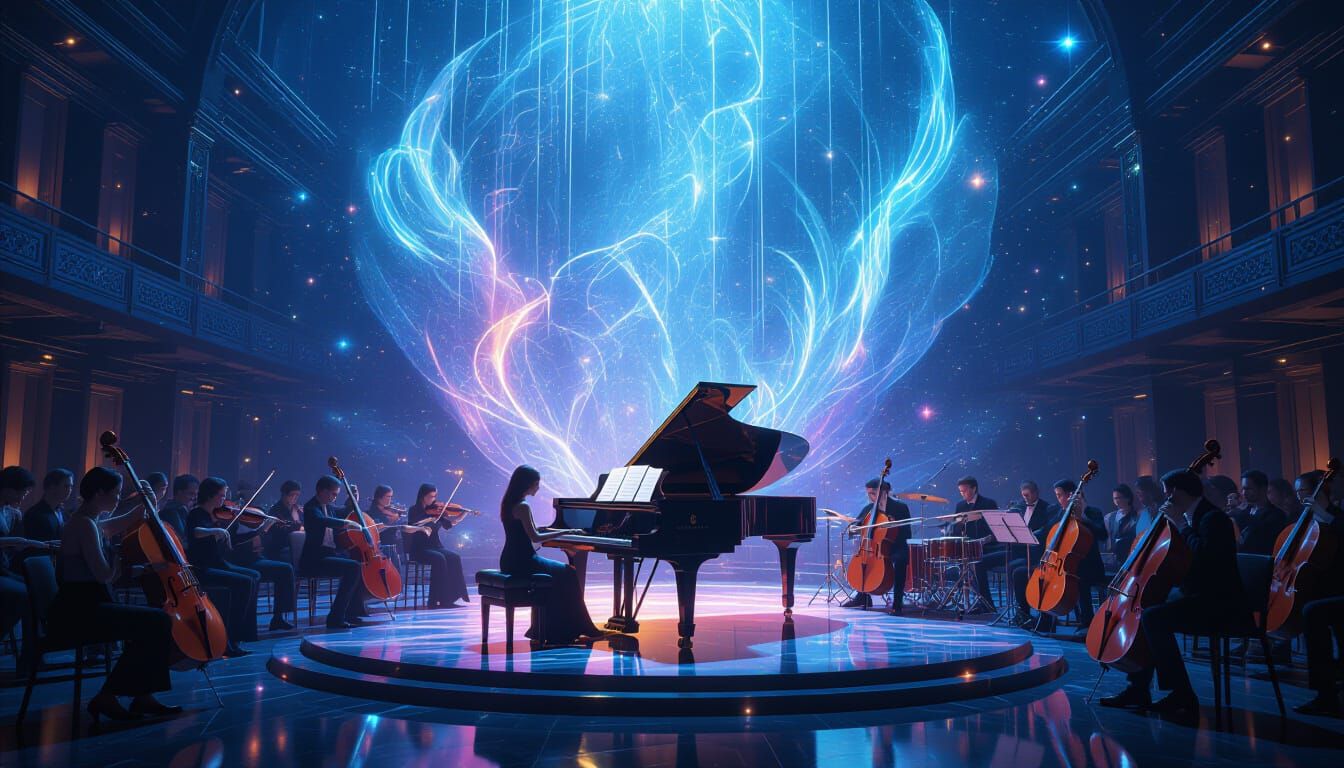 Cosmic Concert Hall with Glowing Instruments