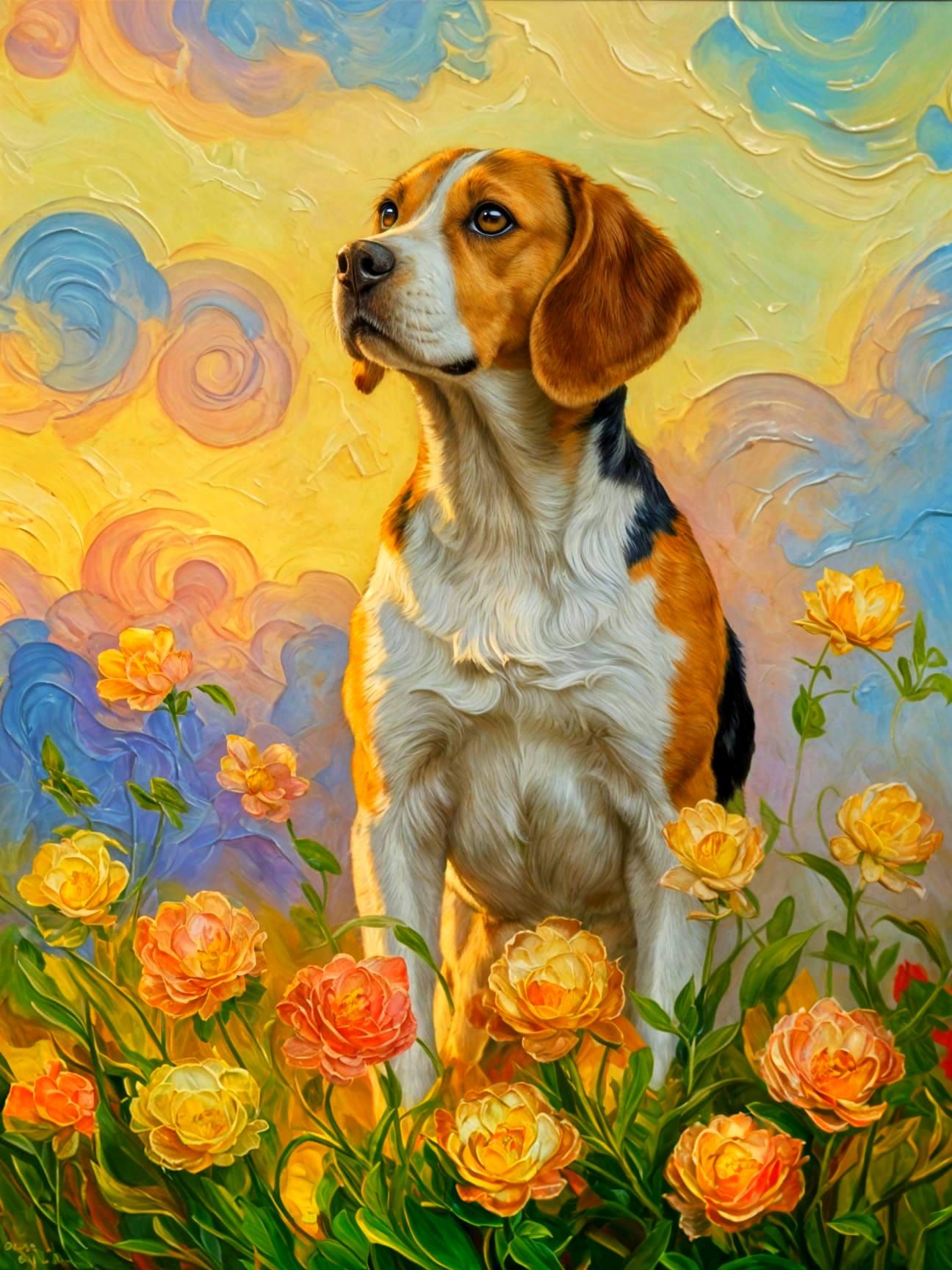 Beagle Portrait in Impasto Style with Swirling Flowers