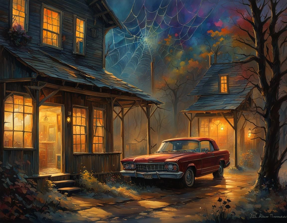 Dystopian Shack with Spiderwebs in Watercolor Style