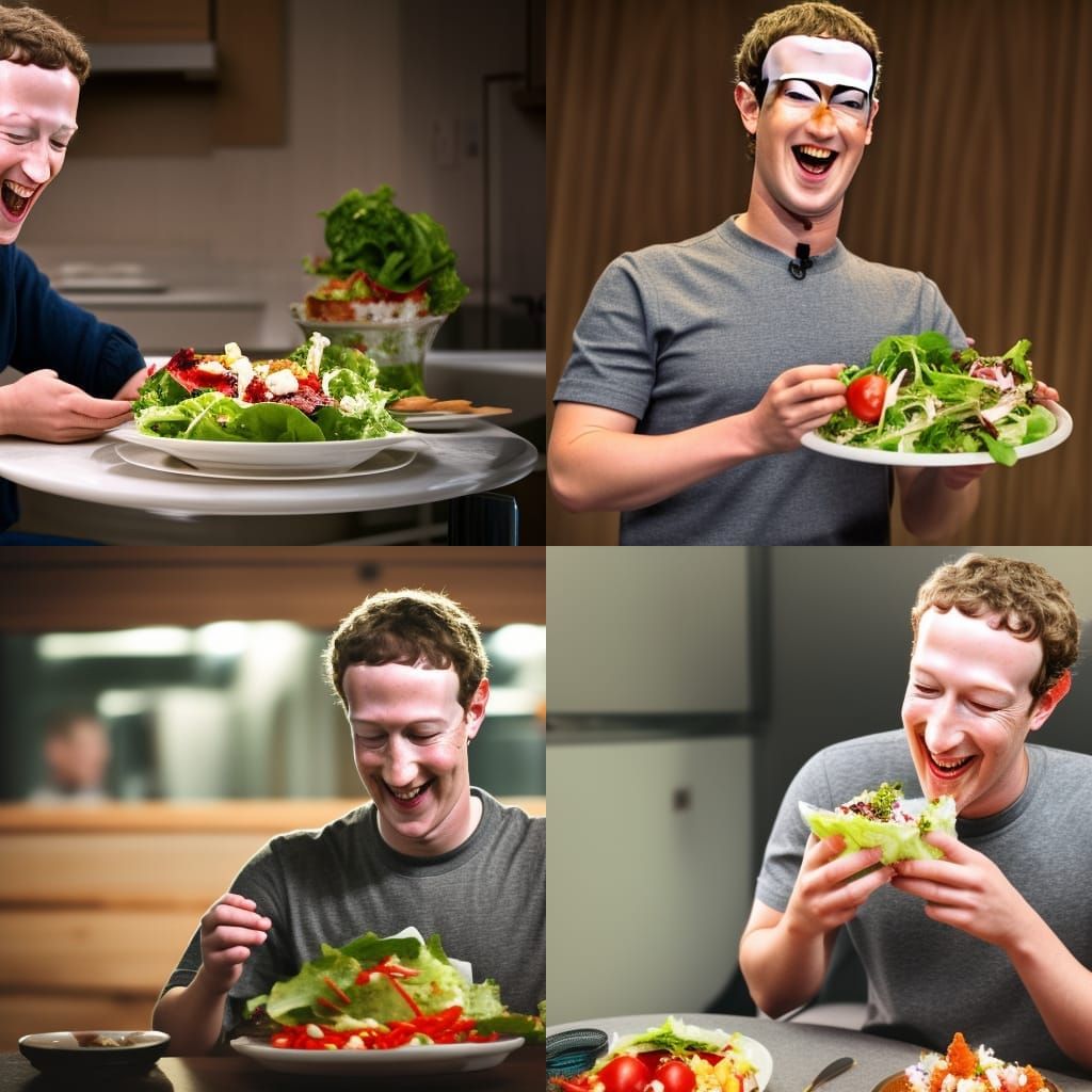 Mark Zuckerberg Laughing Eating Salad: Hyperrealistic Image