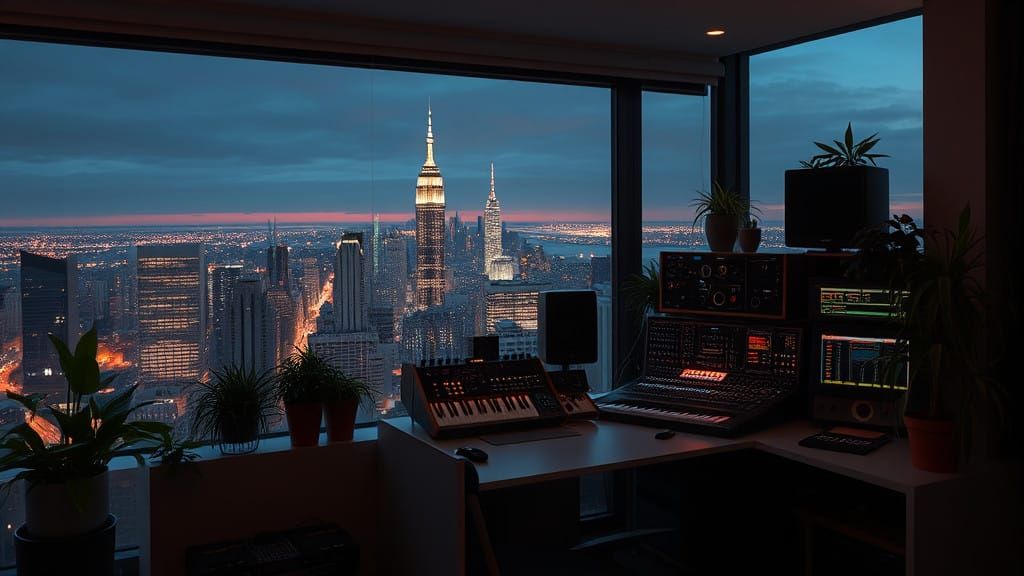 Futuristic Music Studio with Analog Synthesizers and Manhatt...