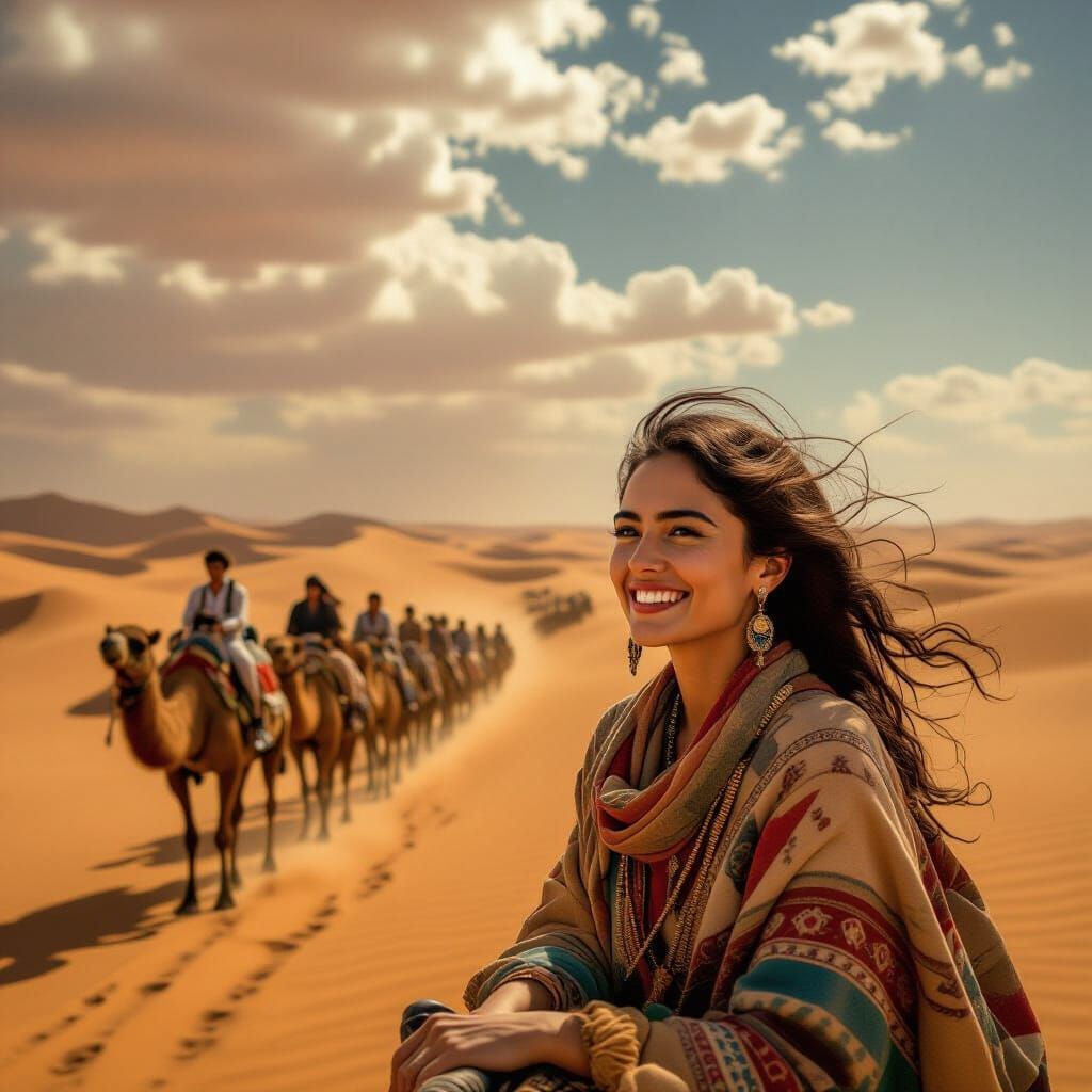 Desert Caravan Led by Smiling Woman, Surrealist Style