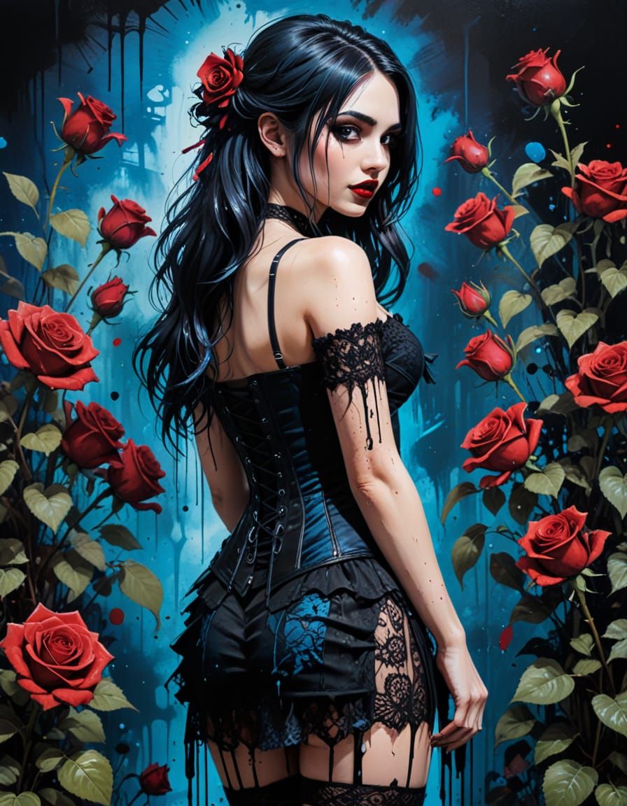 Gothic Cutie in Rose Garden at Night