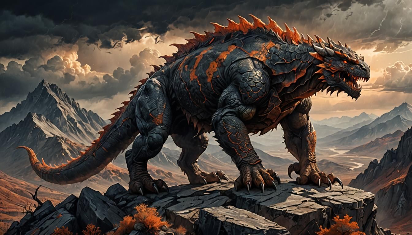 Menacing Land Monster on Barren Peak in Fantasy Art