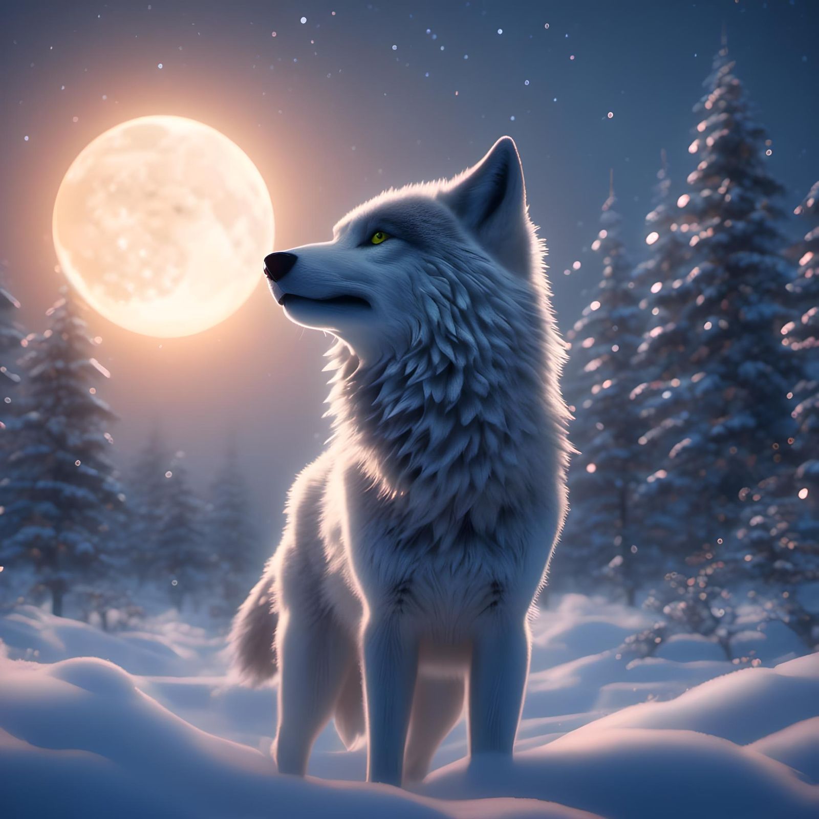 Winter Wolves Howling at Moon, Dramatic Digital Art
