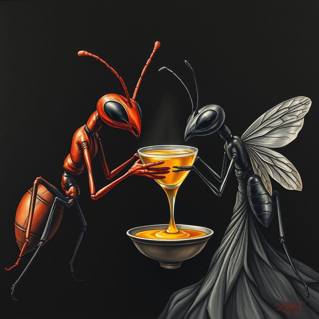 Ant Couple's Romantic Honey Offering in Charcoal