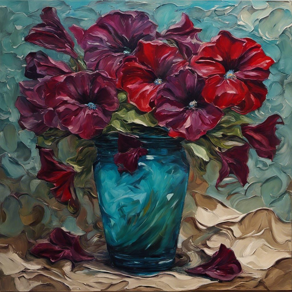 Red Petunias in Teal Vase Impasto Oil Painting