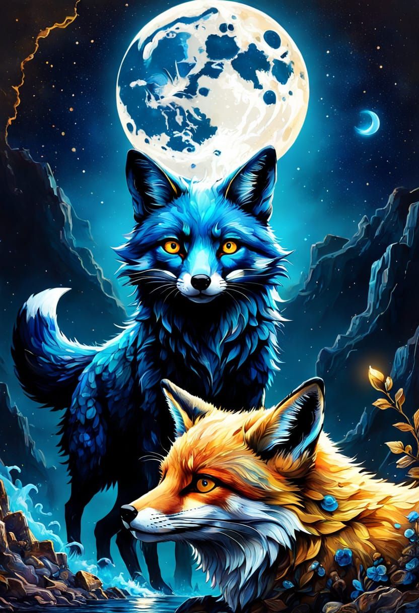 Majestic Steampunk Moonlit Scene in Intense Pthalo Blue and...