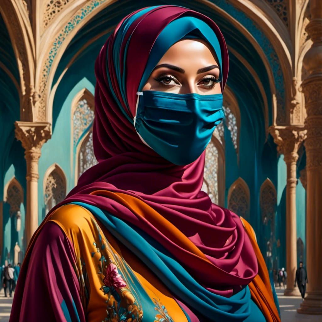 Hijabi Lady with Mask in Oil Painting Style