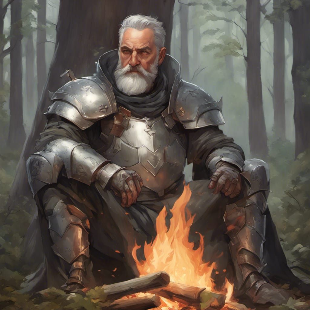 Grumpy Middle Aged Knight by Campfire Portrait