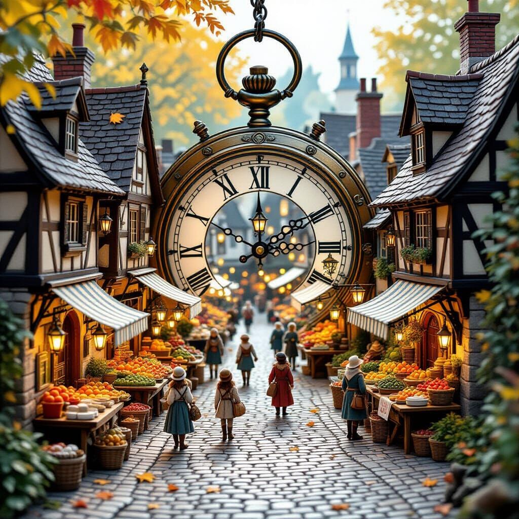 Medieval Market Inside Pocket Watch in Storybook Style