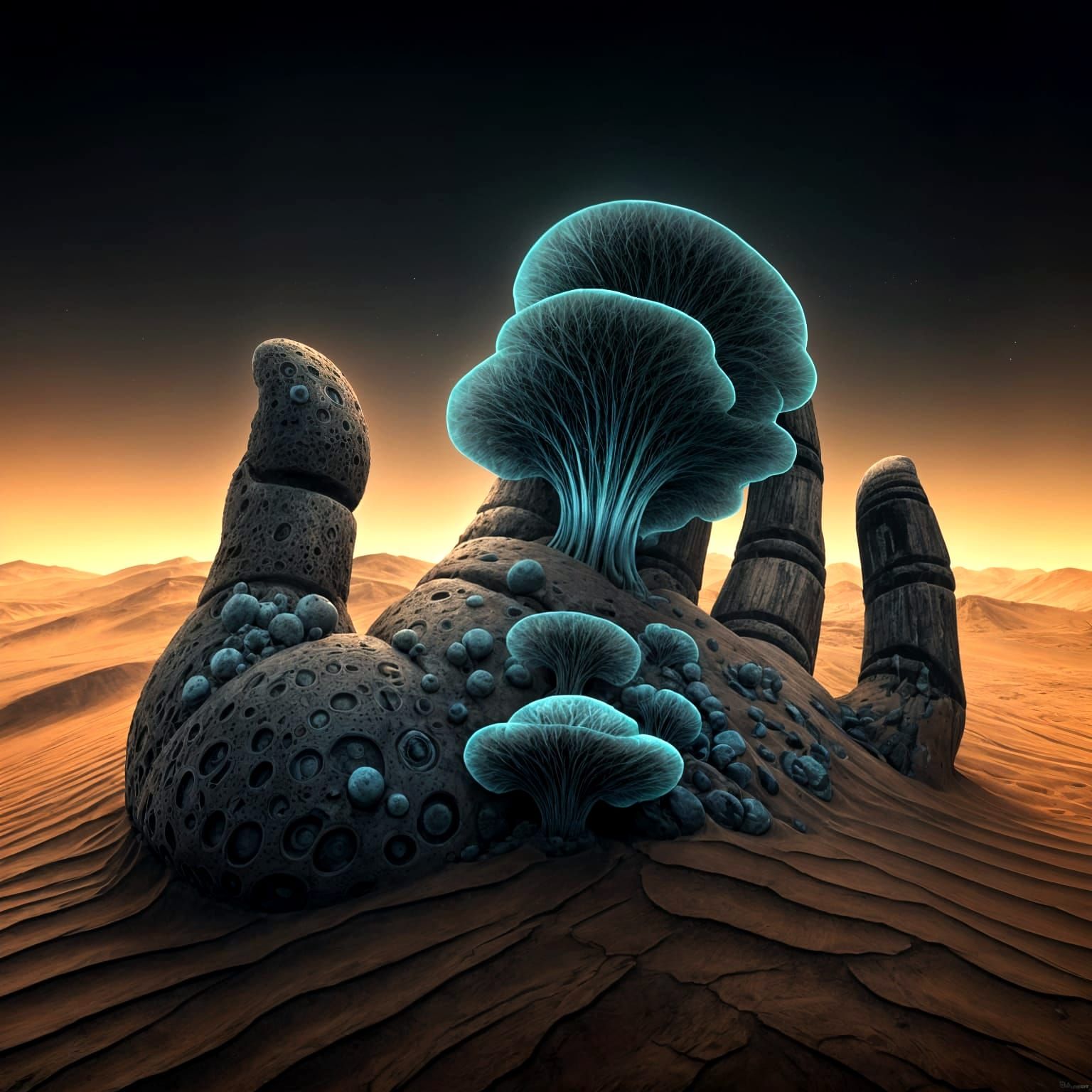 Bioluminescent Fungus on Decaying Hand in Martian Desert