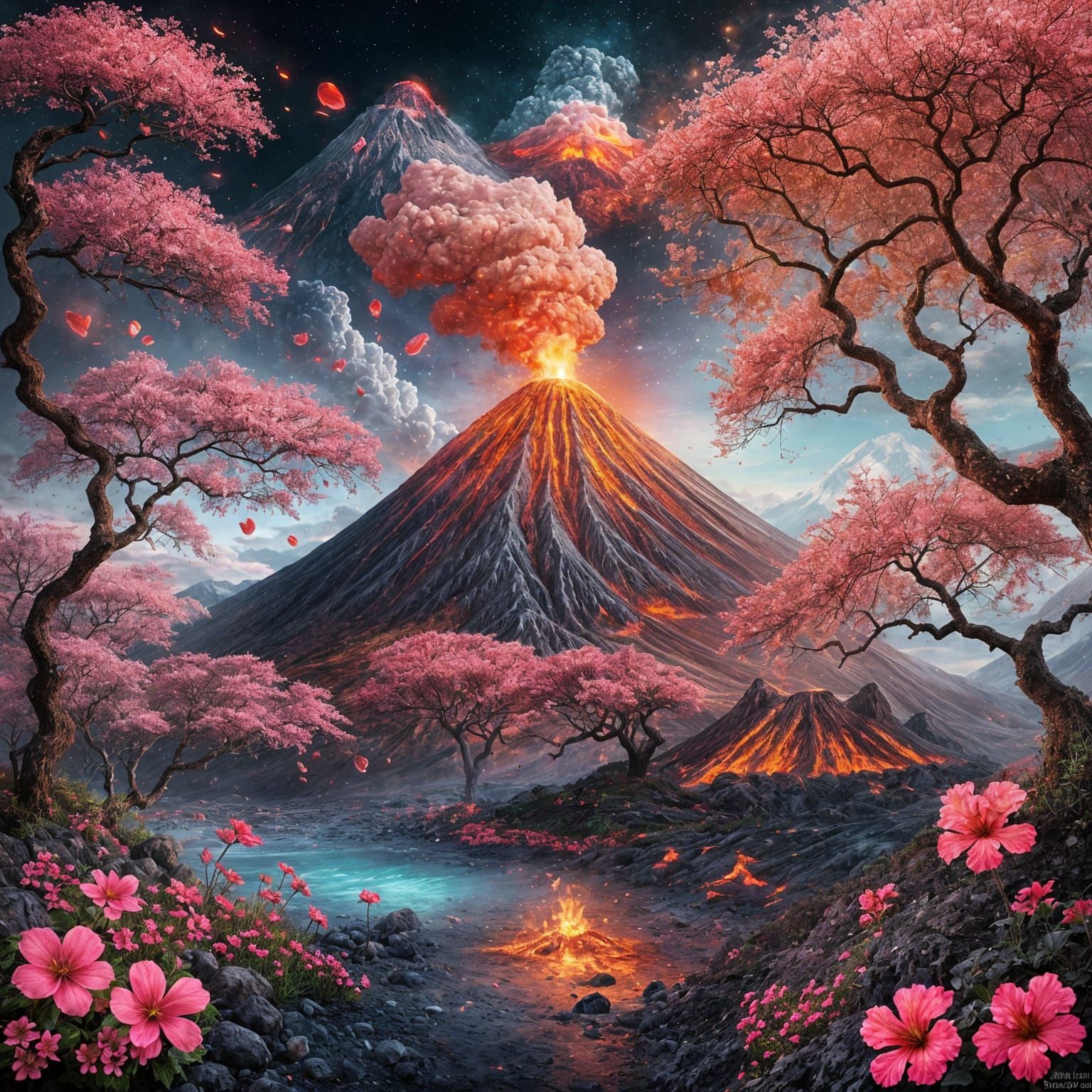 Mystical Flowers Bloom Beside Active Volcano