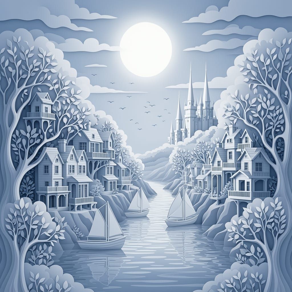Whimsical Paper Cut River Scene at Dusk