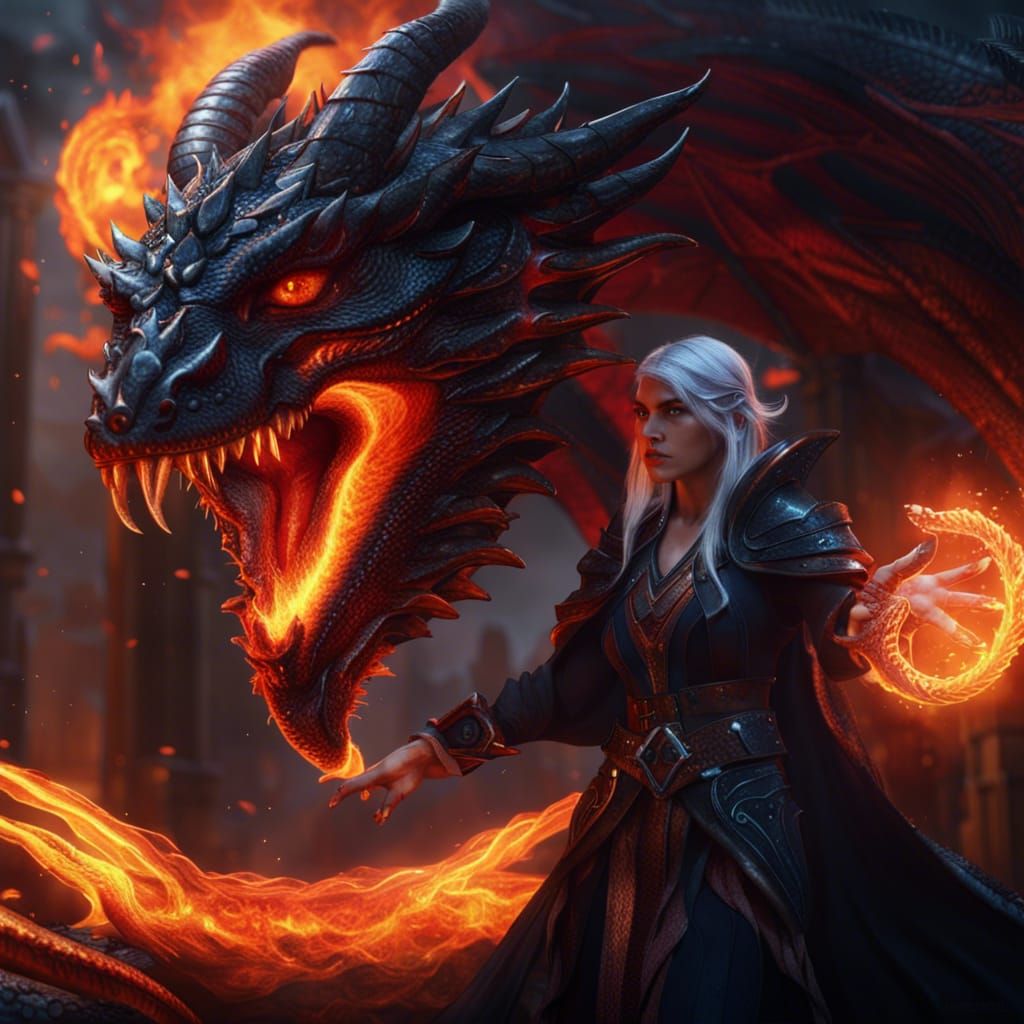 Dark Sorceress Summons a Fiery Dragon
