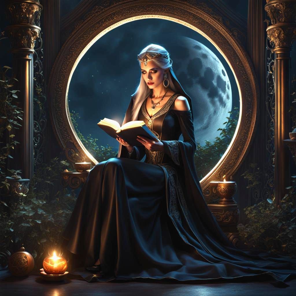 Witch-Priestess Reading by Moonlight, Fantasy Concept Art