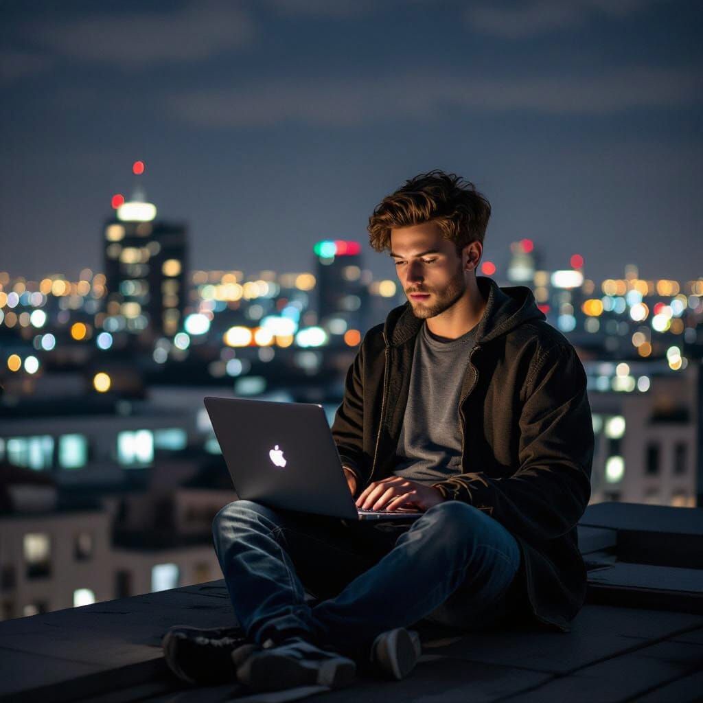 Night Rooftop Laptop: Cinematic Photography