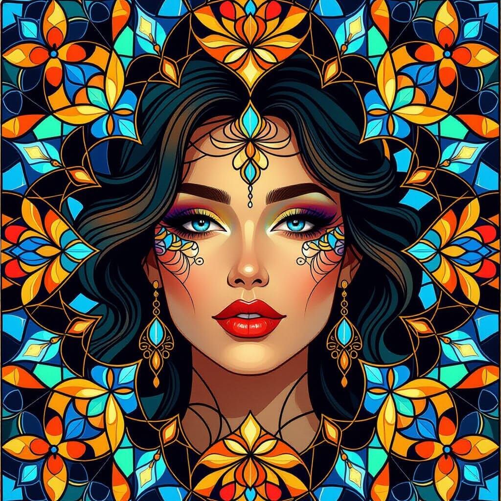 Kaleidoscopic Woman in Stained Glass Mandala