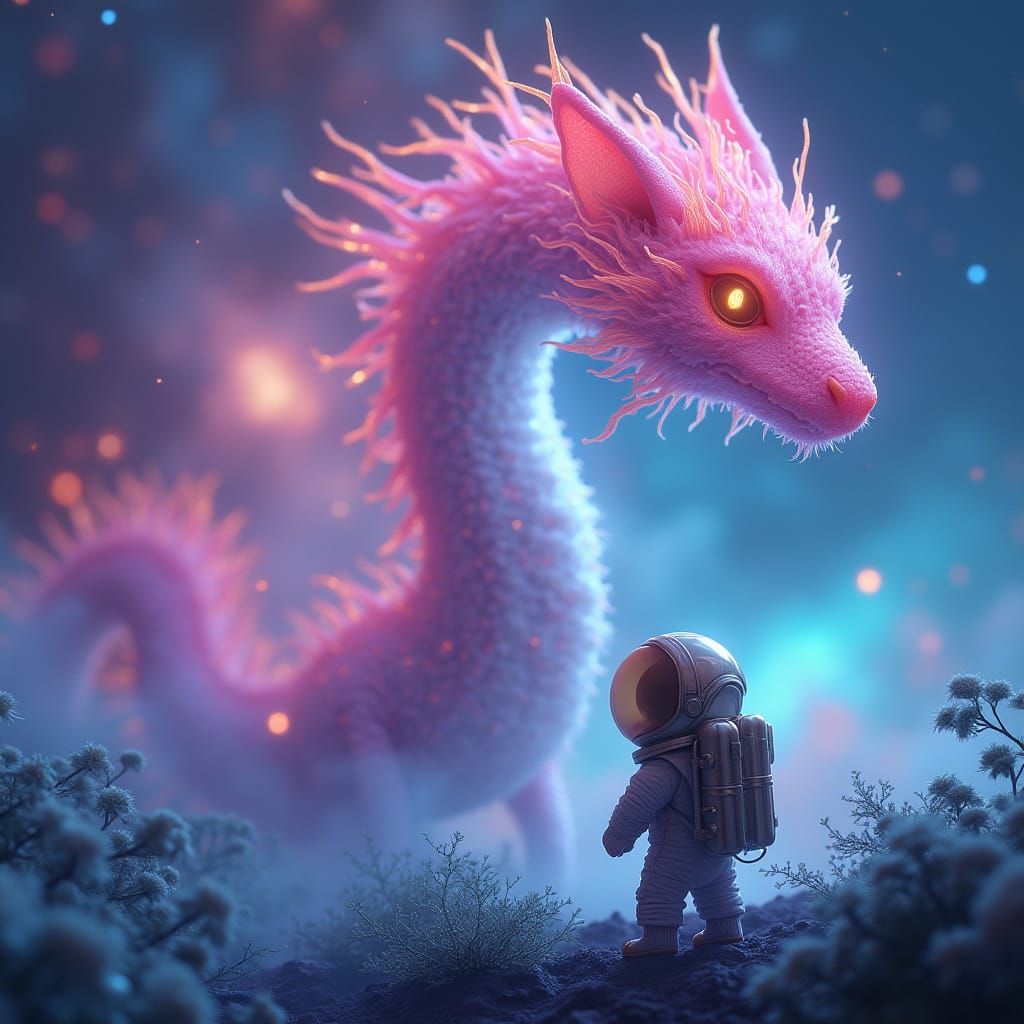 Vibrant Plasma Dragon Amidst Orion Nebula, with Adorable Spa...