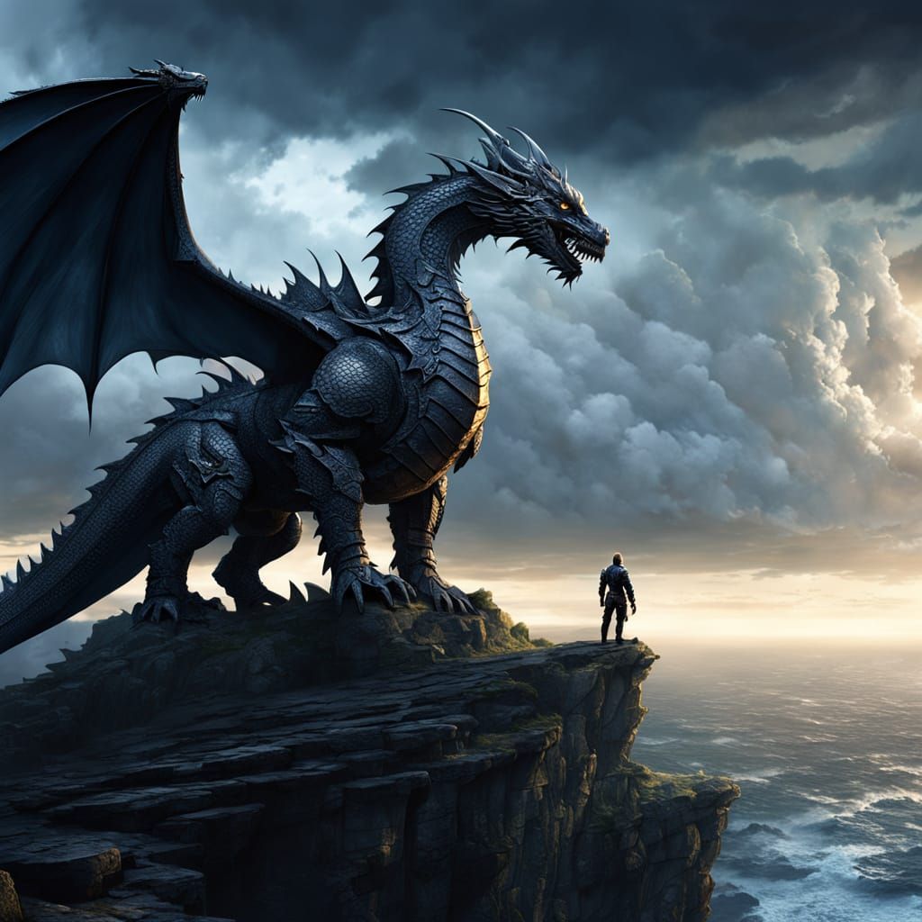 Knight on Cliff Overlooking Stormy Ocean with Dragon