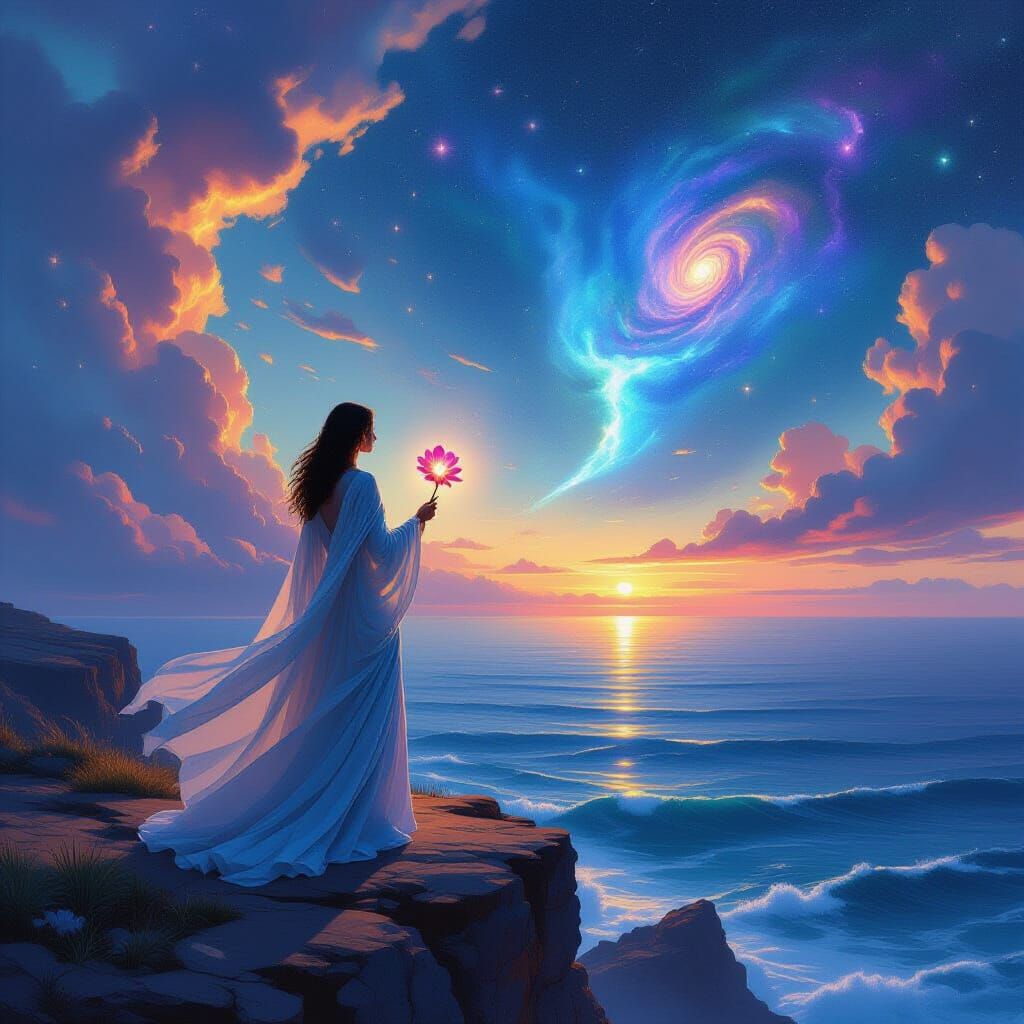 Cosmic Woman with Flower in Encaustic Style