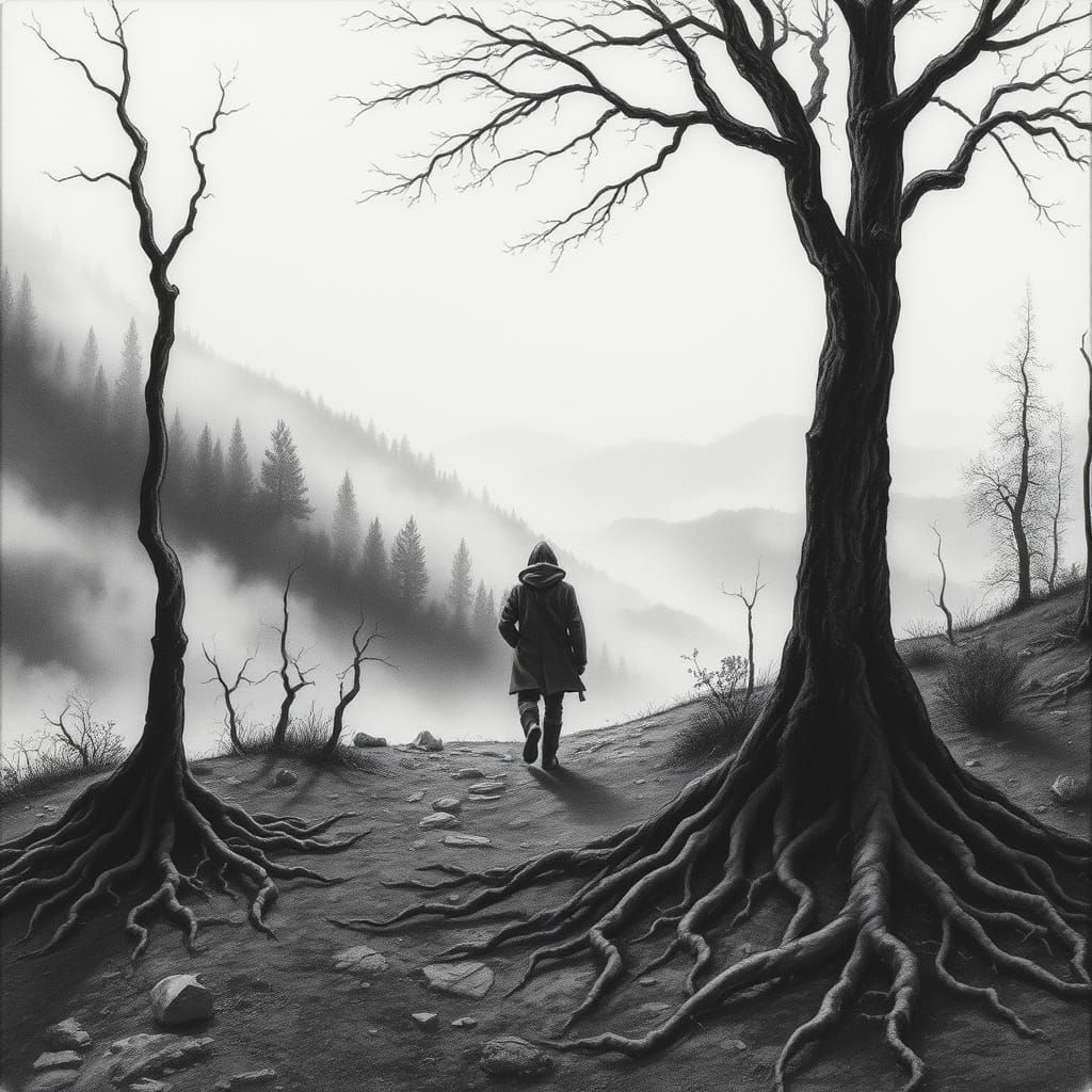Serene Valley Walker: Charcoal Drawing with Futurism