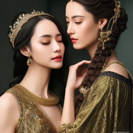 Majestic Medieval Queens Embrace: Fantasy Portrait