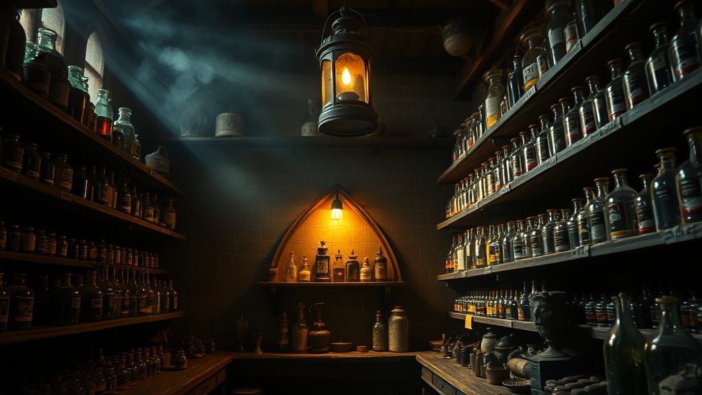 Medieval Apothecary Movie Still with Dramatic Lantern Light