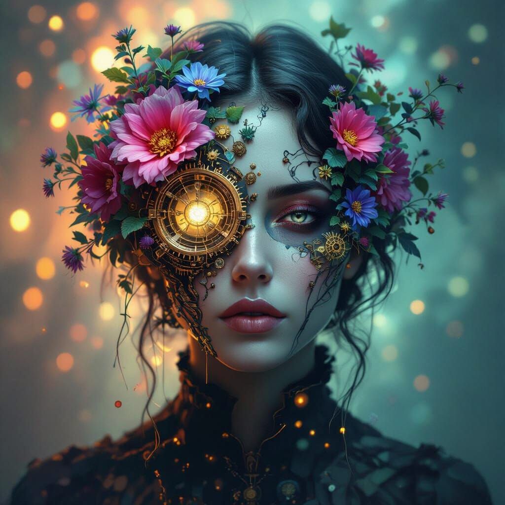 Surreal Portrait With Bioluminescent Flora and Clockwork