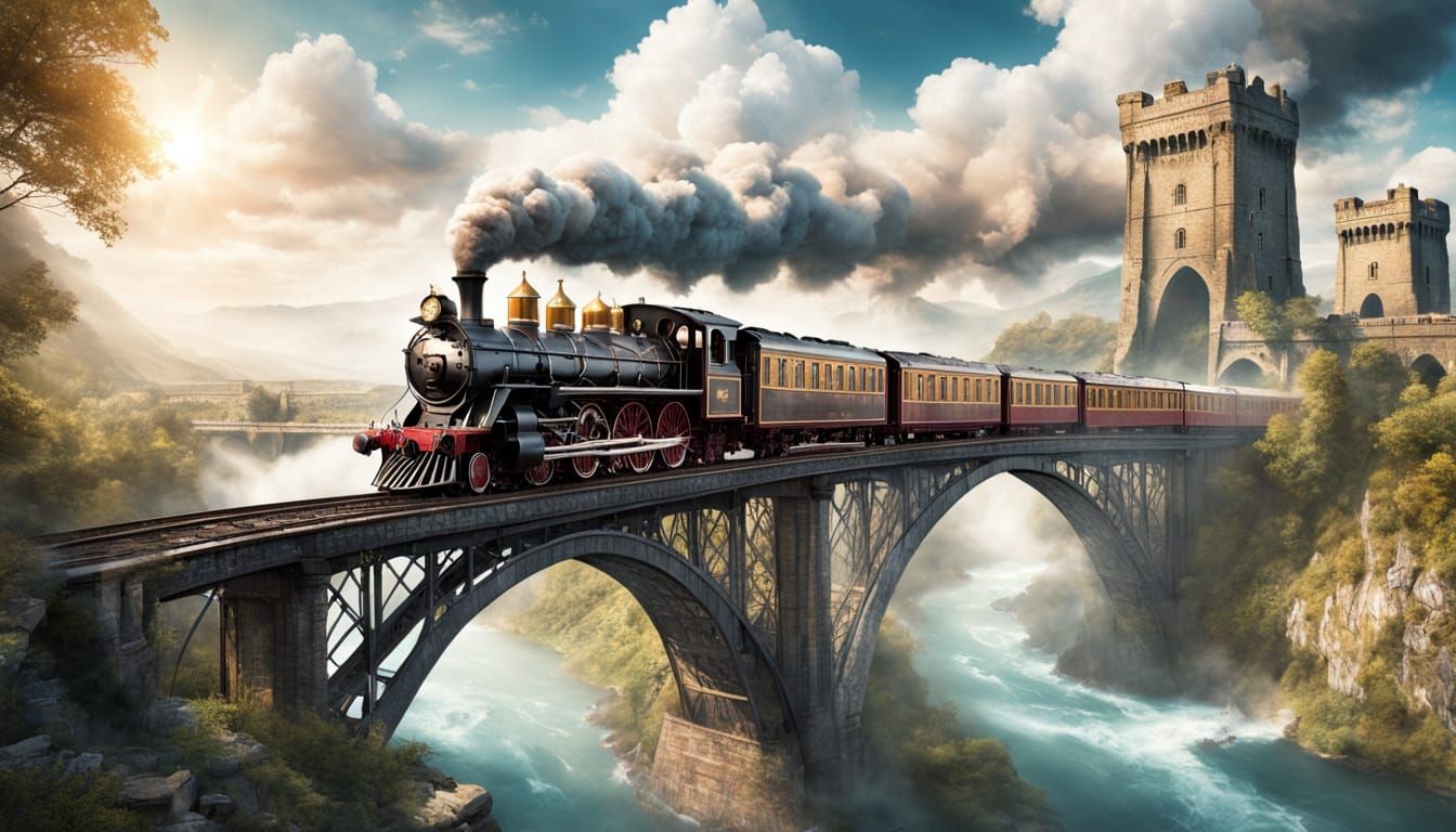 Majestic Steam Train Crosses Ancient Bridge Over River