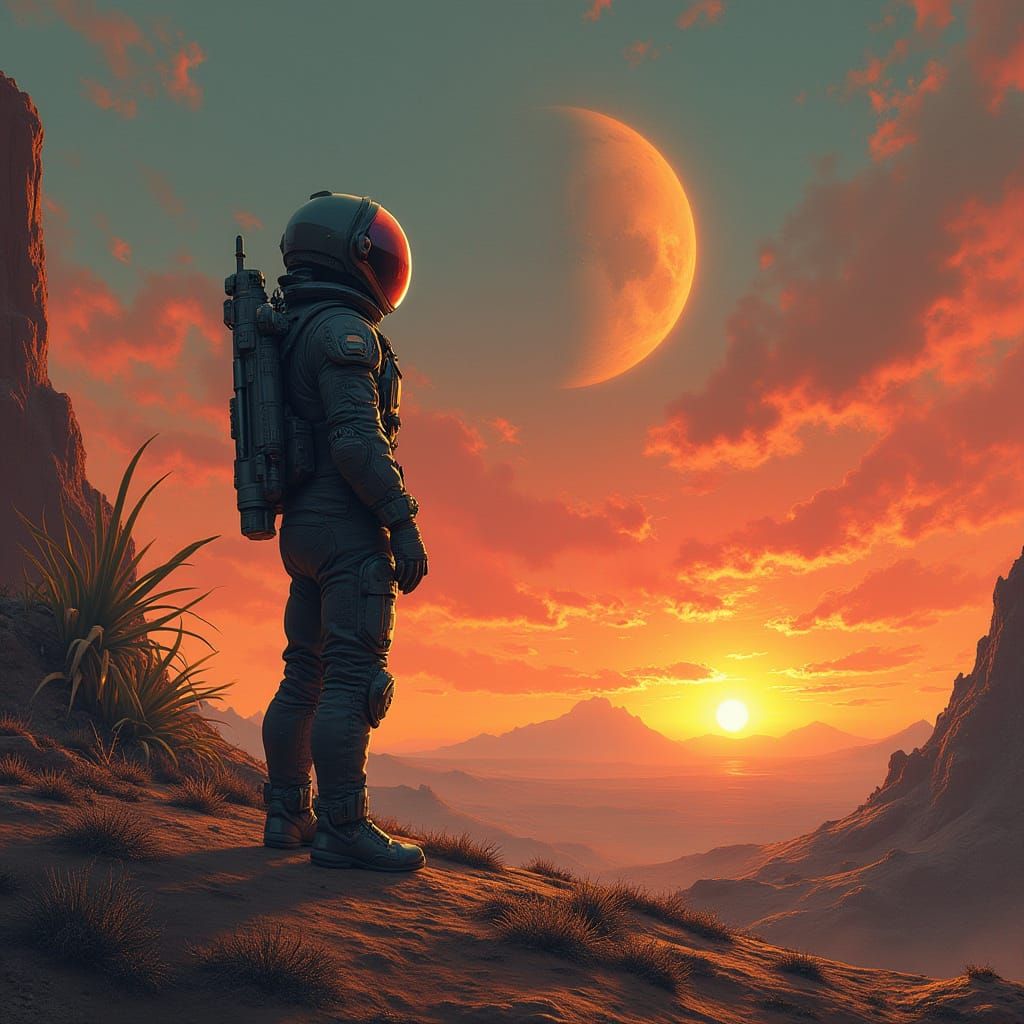 Astronaut Contemplates Binary Sunset on Alien Planet in Vibr...