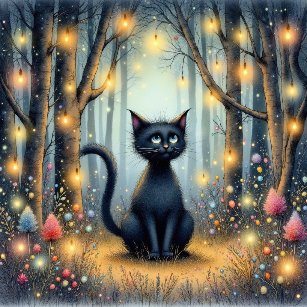 black cat in a forest of fireflies
