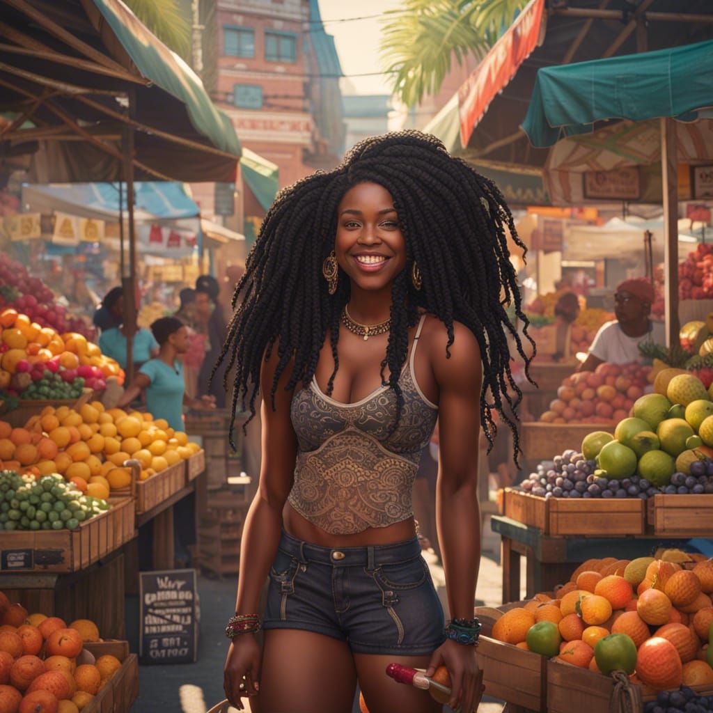 Curvy Girl at Fruit Market in Graffiti Art Style