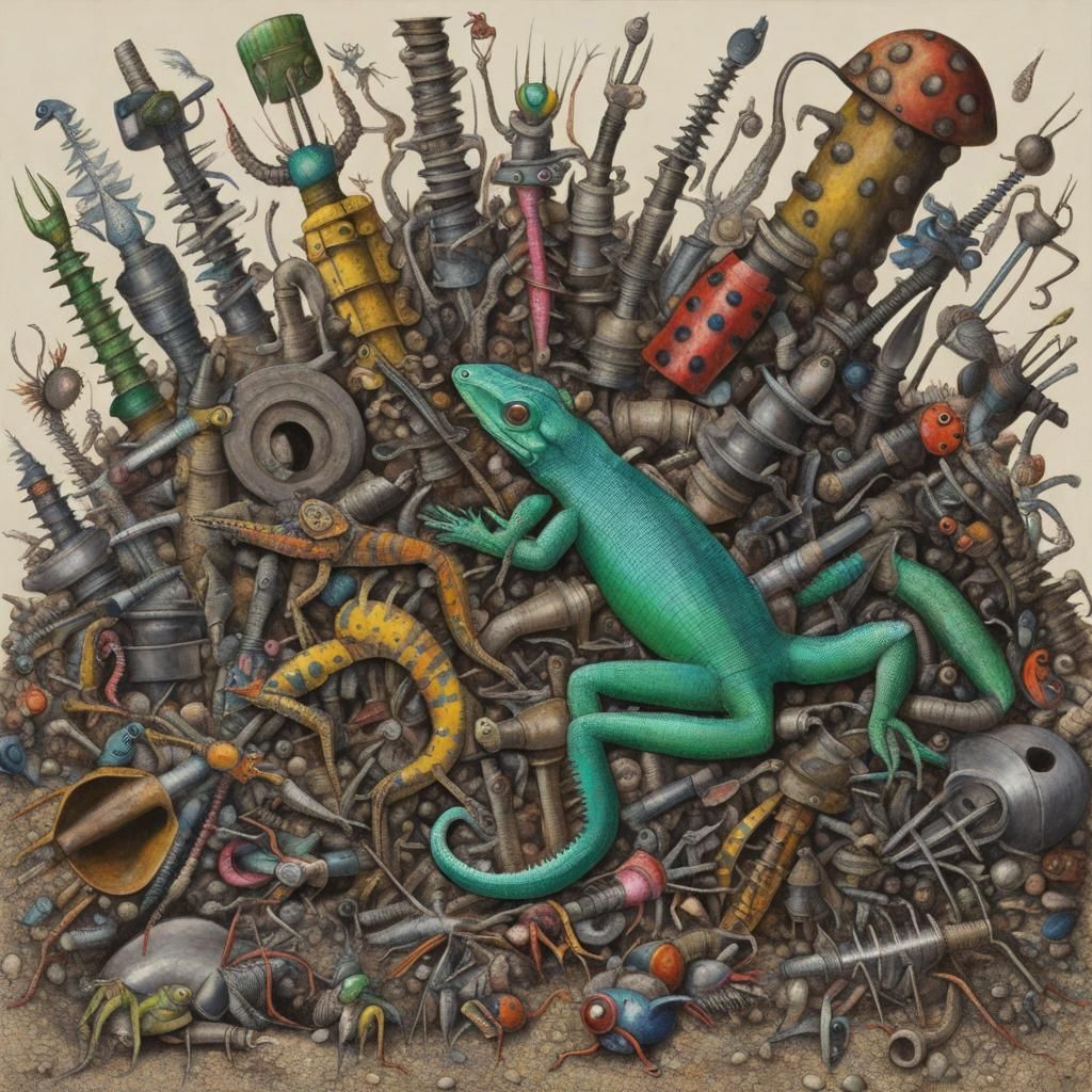 Lizards and and big colorfull beetles crawling between a hug...