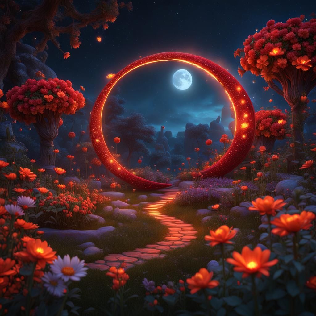 Fluorescent crescent crescent moon red. Garden with red orange flowers glowing shiny stars