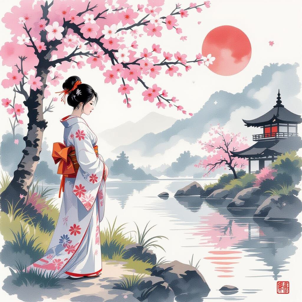Serene Woman in Spring Landscape, Yamato-e Style