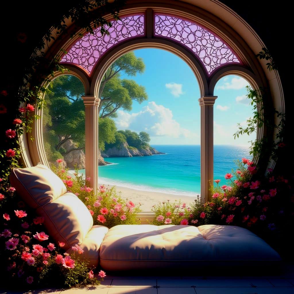 Elegant Victorian Veranda Scene in Stained Glass