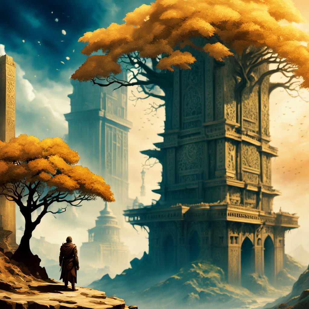 Mystical Mage and Colossal Tree in Art Nouveau Style