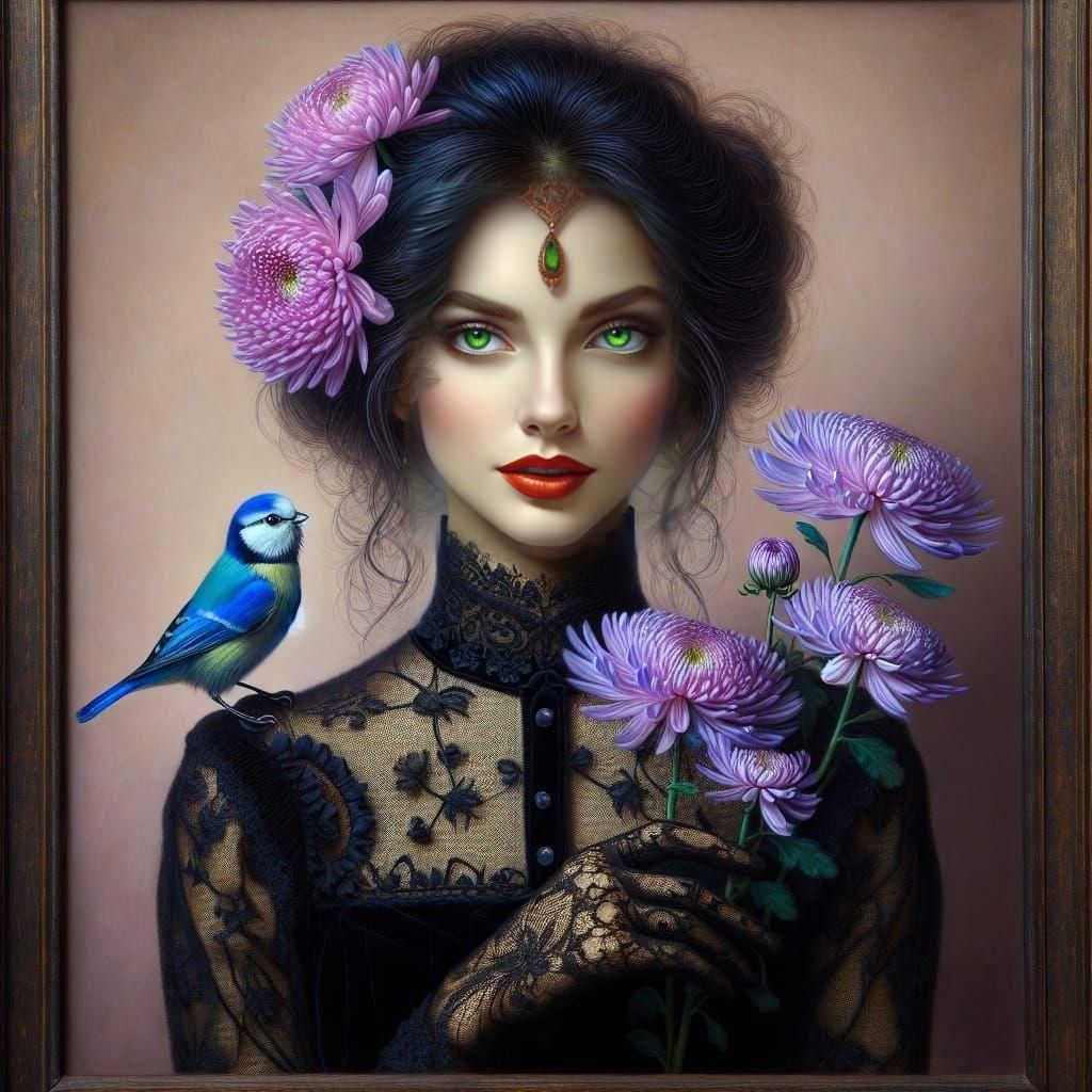 Ethereal Art Nouveau Portrait of Asian Woman with Bird and C...